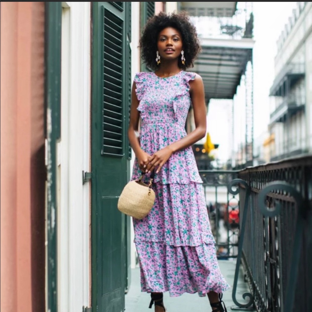 Banjanan Lavender Floral Maxi Dress with Pink & Blue Accents